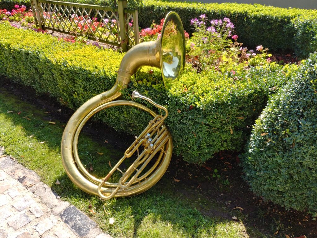 Le sousaphone posé sur le buis dans un jardin.